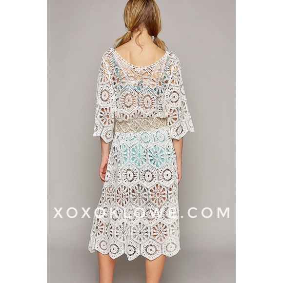 POL Off White Cotton Crochet Half Sleeve Relaxed Fit A Line Dress - Picture 9 of 11